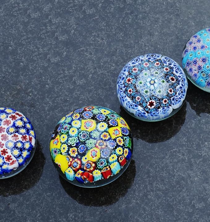 Yao Yuan Handcrafted Glass Paperweight - Beautiful Flower Figurine, Unique Desk Accessory for Home or Office (Yellow millefiori, 4 in)