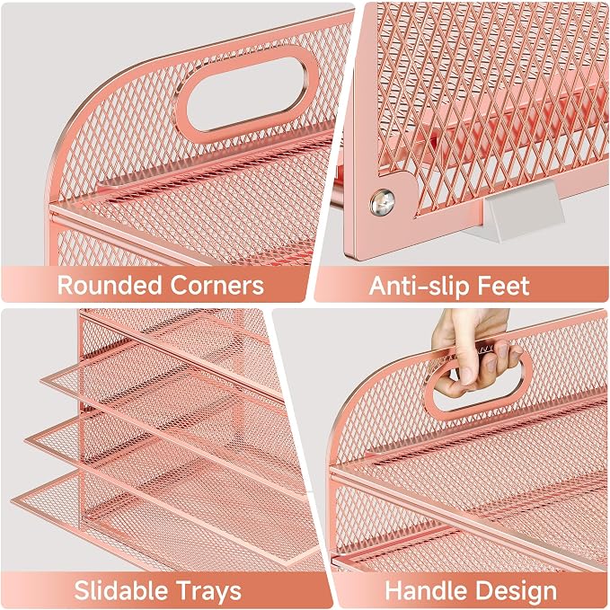 Paper Organizer Letter Tray with Handle Mesh 5 Trays | Desk File Organizer Paper Sorter Desk Organizer for Office, Home or School-Rose Gold