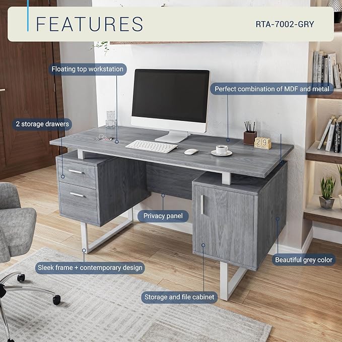 Techni Mobili Office Desk with Storage Drawers and Cabinet 51.25” W - Modern Office Desk with Large Floating Desktop Surface | Home office workstation, durable construction, everyday productivity, Ideal for home office, Workspace organization