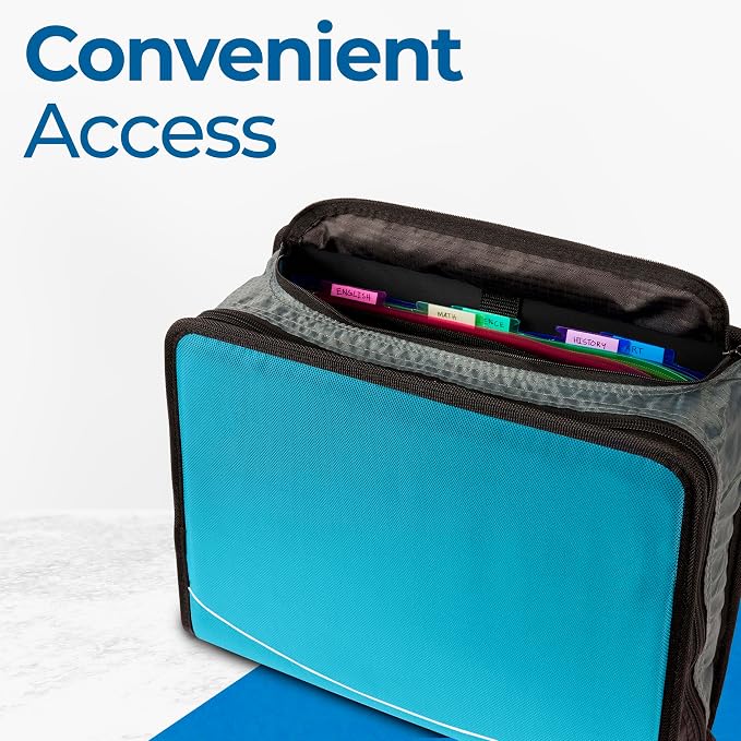 Case-it School Zipper Binder | 3-Inch O-Rings | 600-Sheet | D-146 Teal | Mighty Zip Tab, 5-Color Tab Expanding File Folder, Shoulder Strap, Handle, Office