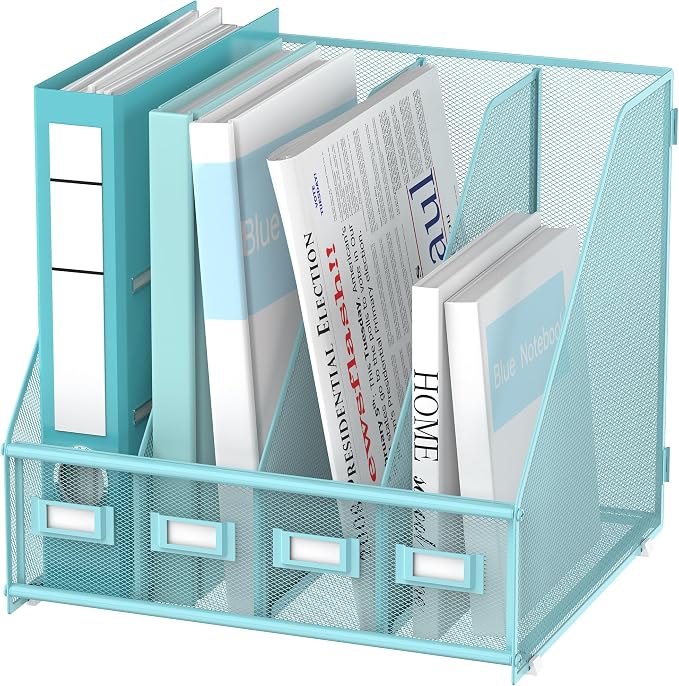 4-Compartment Magazine File Holder and File Organizer for Desk, Blue | Metal Magazine Holder and Magazine File Holder, 4-Compartment File Organizer for Binders Folders Magazines and Paper