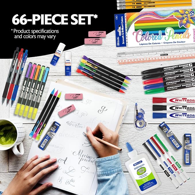 BAZIC PRODUCTS 66-Piece Back to School Supplies Kit | Bundles writing, Coloring, Correction, Desk tools in, For school and office use
