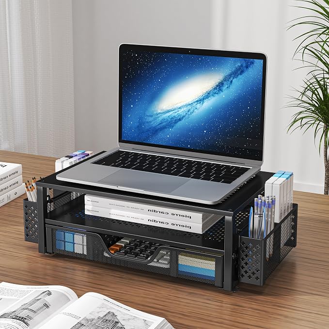 Simple Trending Monitor Stand with Drawer, 2-Tier Laptop Stand, Black | Desk Organizers and Accessories with Drawer and 2 Pen Holders, Sturdy Metal Stand Riser for Home Office, 20"W x 10"D x 5.8"H
