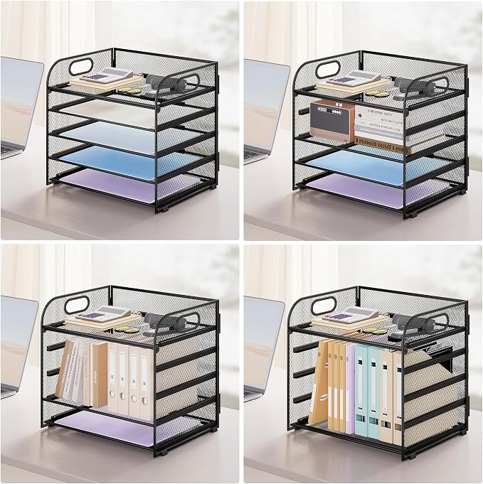 Paper Organizer Letter Tray with Handle Mesh 5 Trays-Black 2 Pack | Desk File Organizer Paper Sorter Desk Organizer for Office, Home or School