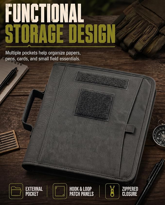 Tactical Padfolio, Detachable 3-Ring Binder with Zipper | Multi-pocket nylon organizer with carry handle, 40 letter-size sheets, pen and compass for field work, office and school