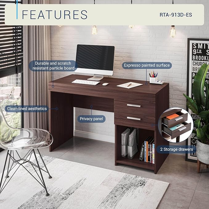 Techni Mobili 48 Inch Modern Compact Computer Desk with Drawers, Espresso | 48 Inch modern desk with storage drawers, sturdy frame, compact design, ideal for bedrooms and home office workspaces