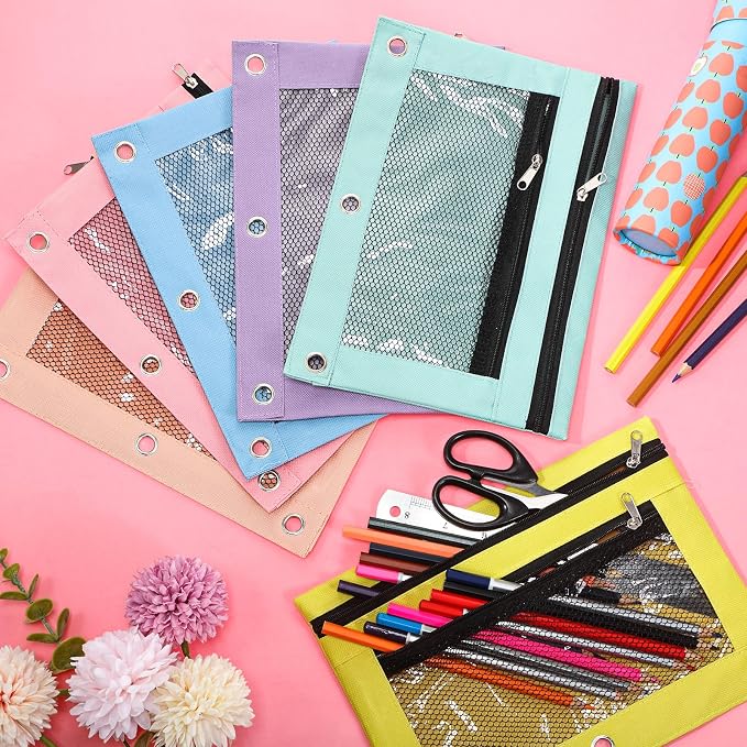 Kosiz 12 Pcs Pencil Pouch, 3 Ring Binder Pencil Pouch, 2 Layer Zipper Pencil Case with Mesh Window, Wear Resistant Oxford Fabric, Multicolored for Student Teacher (Macaron Color)