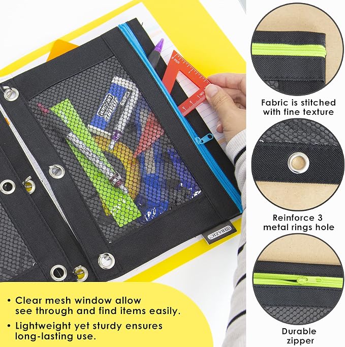 BAZIC Products Noir Neon 3-Ring Pencil Pouch with Mesh Window, 24-Box | clear mesh window and a zipper closure for pens, pencils, supplies