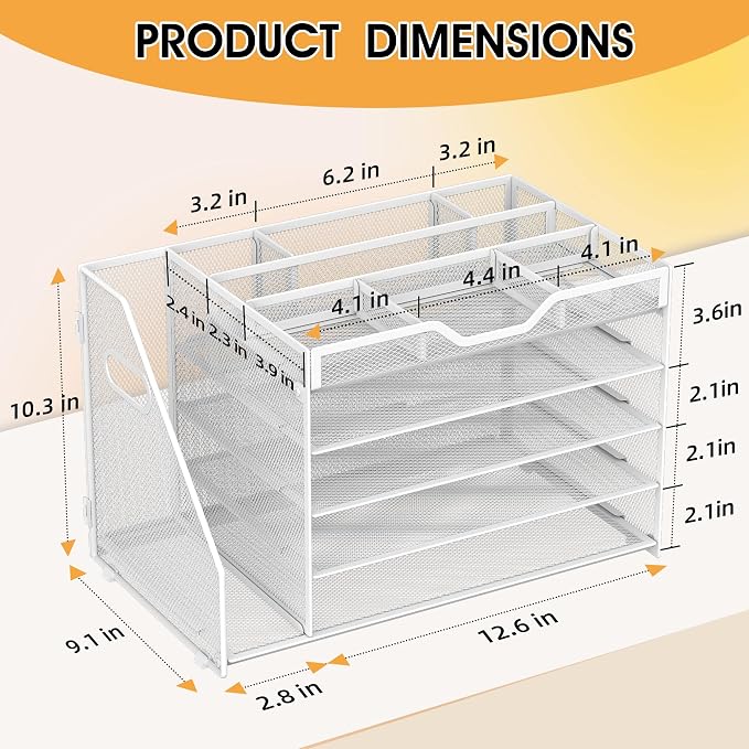 5 Tier Paper Letter Tray Desk Organizer with Pen Holders - White | Features 3 pen holders and 4 removable dividers.Versatile mesh desktop storage for mail, document,office supplie