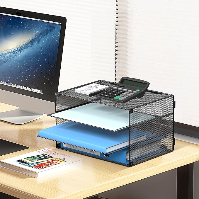 DALTACK 3 Tier Letter Tray Paper Organizer with Sliding Trays Black 2 Pack | Metal Mesh File Organizer with Sliding Trays for Letter and A4 Paper, Mail, Bills, Folders and Office Documents 2 Pack