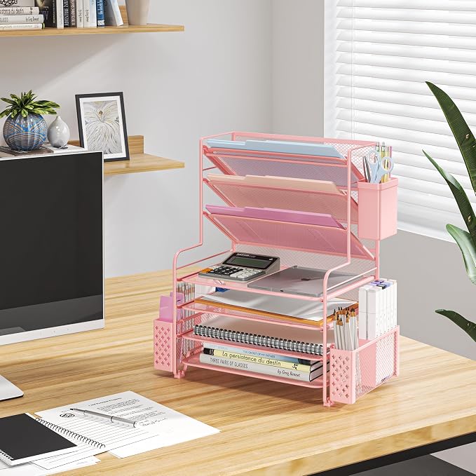 Simple Trending 7 Tier Desk File Organizer, Letter Tray Paper Organizer with Pen Holder and Metal Hanging Basket, Pink