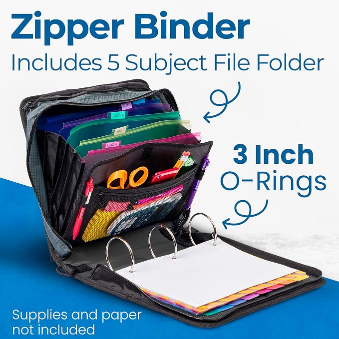 Case-it Mighty Zip Tab School Zipper Binder | 3-Inch O-Rings,600-Sheet Capacity,5-Subject Expanding File Folder,Multiple Pockets & Storage Organizer,Shoulder Strap | D-146 Jet Black,(Pack of 6)