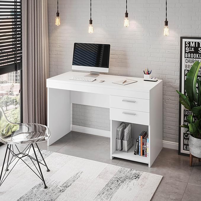 Techni Mobili 48 Inch Modern Compact Computer Desk with Drawers, White | 48 Inch modern desk with storage drawers, sturdy frame, compact design, ideal for bedrooms and home office workspaces