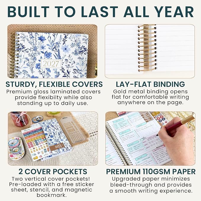 bloom daily planners 2027 Planner (January - December 2027) - Weekly & Monthly Softcover Planner for Women - Calendar Year Inspirational Agenda Book with Stickers - 5.5" x 8.25" - Blue & White Floral