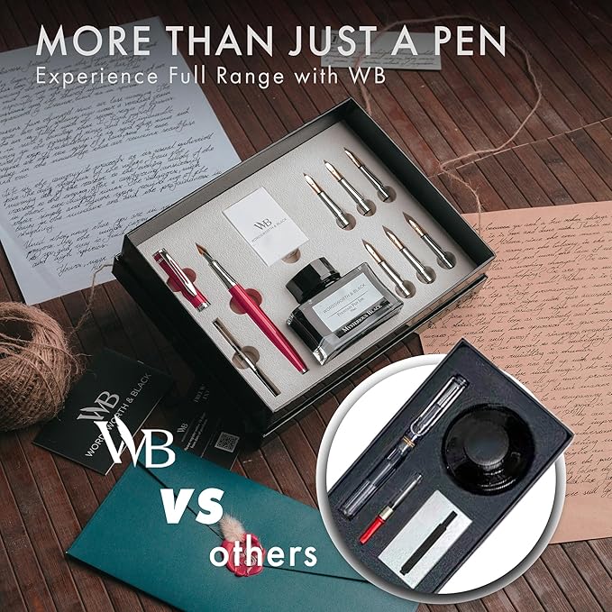 Wordsworth & Black Calligraphy Pen Gift Set, Includes Bottle, 6 Cartridges, Refill Converter, 6 Replacement Nibs, Premium Package, Journaling, Smooth Writing Pens [Red Chrome]