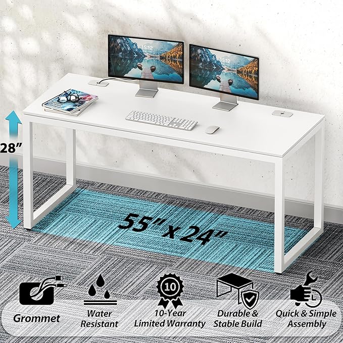 SHW 55-Inch Commercial-Grade Office Computer Desk, White | 10-Year Limited Warranty