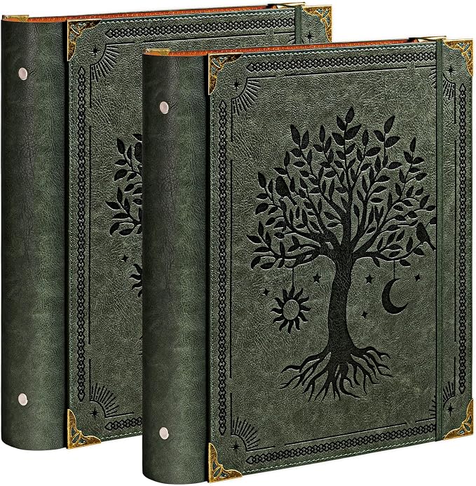 OVESMUSL 2 Pack PU Leather 3 Ring Binder, 2 Inch Green Tree | Fits 8.5x11 letter paper, holds 500 sheets, loose leaf organizer