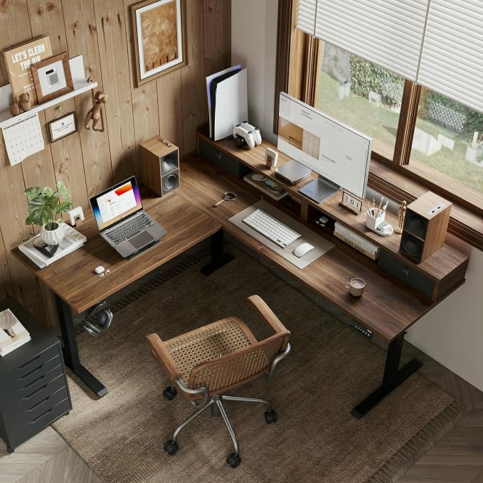 Agilestic 63 Inch L Shaped Electric Standing Desk with Drawer, Dark Walnut | 2 Stroage Drawers, Monitor Shelf, Corner Desk, Ample Workspace, Memory Presets, Hooks, Stable Steel Frame,176 lbs