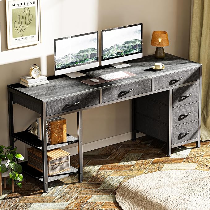 Huuger Computer Desk with 6 Drawers, Office Desk with Shelves, Reversible Gaming Desk, Corner Desk with Storage, Work for Home Office, Study, Living Room, 54inch, Grey