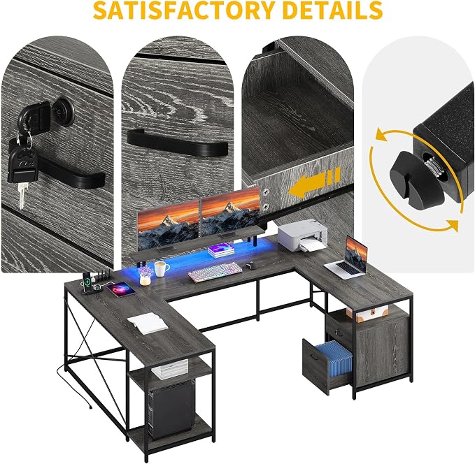 DWVO U Shaped Desk with Drawers | 79" Reversible L Shaped Desk with Power Outlets & LED Lights, Corner Computer Desk with Monitor Stand & Storage Shelves, Grey