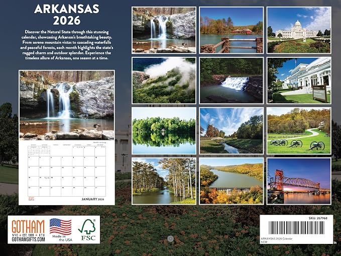 Arkansas Calendar 2026 Wall 12 Month Monthly AR Scenic Souvenirs Themed Gifts | American Made In The USA