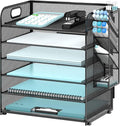 6 Tier Desk Organizer with 4 Pen Holders and Mesh Paper Trays Black | 6 Tiers Paper Organizer, File Organizer Letter Tray with Handle for A4 Files, Folders, Mail and Office Supplies