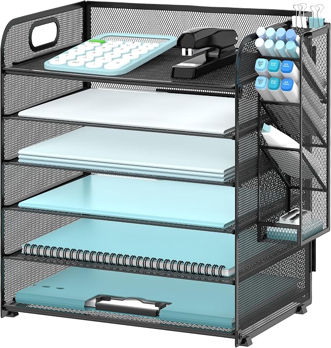 6 Tier Desk Organizer with 4 Pen Holders and Mesh Paper Trays Black | 6 Tiers Paper Organizer, File Organizer Letter Tray with Handle for A4 Files, Folders, Mail and Office Supplies