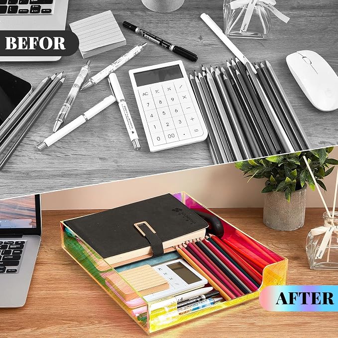Iridescent Acrylic Letter Tray 2 Pcs 12.6 x 10.2 x 2.1'' Paper Tray Organizer Stackable Desk Supplies with Non Slip Rubber for Office Accessories Desk File Document Folder