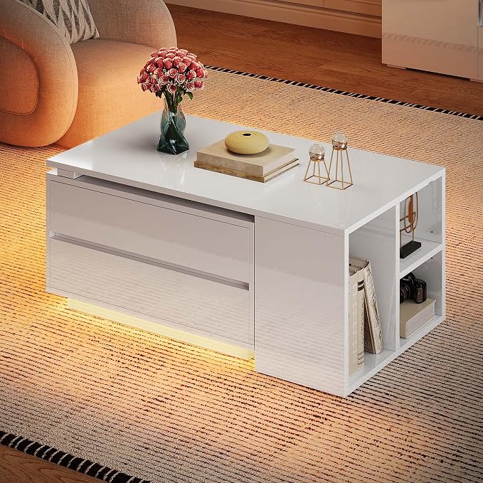 YITAHOME 35"-61" Extendable LED Coffee Table with 4 Drawers, White | Center Table with 4 Storage Drawers, Open Shelves, Sliding Extendable Top, LED Lighting, for Living Room Home Office