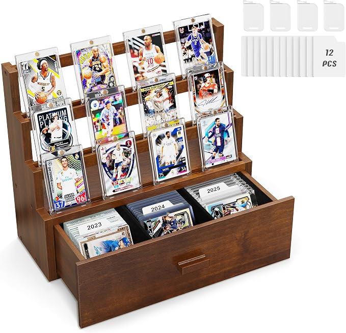 Emfogo Trading Card Display, 3-Tier Card Display Case with Custom Drawer, Wood Graded Card Display with Supporters and Dividers, Sports Card Display Case for Collection (Walnut)