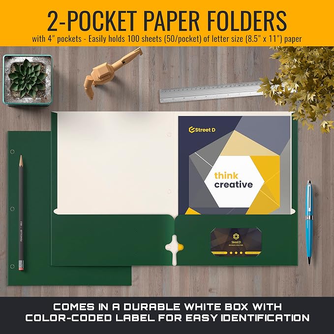 Better Office Products Two Pocket Portfolio Folders, 50-Pack, Dark Green, Letter Size Paper Folders, 50 Pieces, Hunter Green