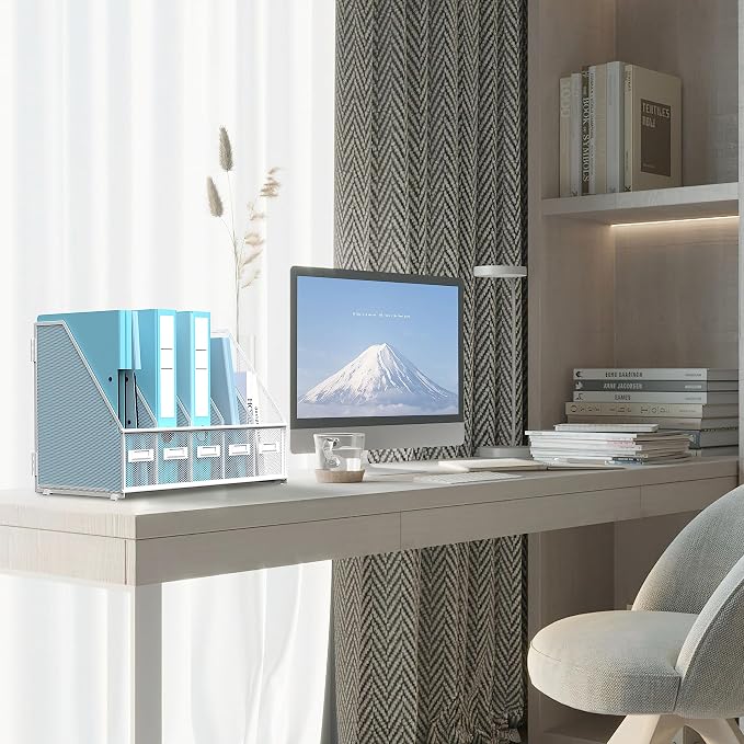 Desk Organizers Metal Desk Magazine File Holder with 5 Vertical Compartments Rack File Organizer for Office Desktop, Classroom, Home Workspace, White Plus