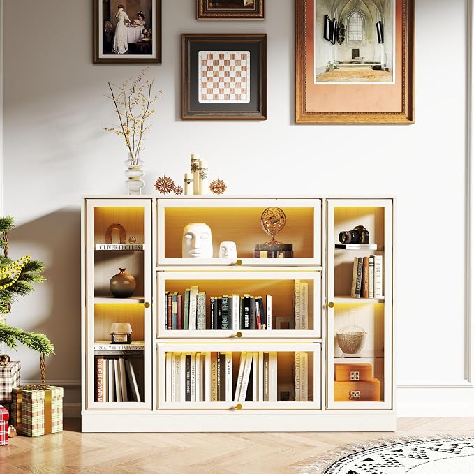 Display Cabinet with Acrylic Glass Doors,Extra Wide Curio Cabinet with LED Lighting for Collectibles, Collectibles Toy Organizers Rack & Display Shelf Display Case, White