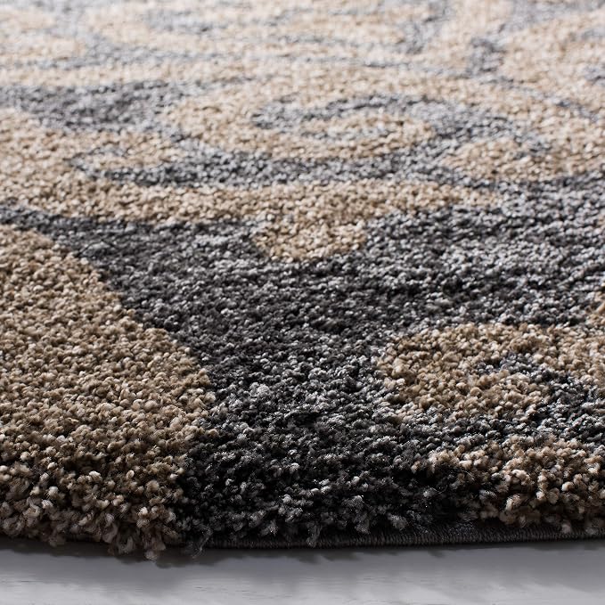 SAFAVIEH Florida Shag Collection 4' x 4' Round Grey/Beige SG462 Damask Non-Shedding Living Room Bedroom Dining Room Entryway Plush 1.2-inch Thick Area Rug