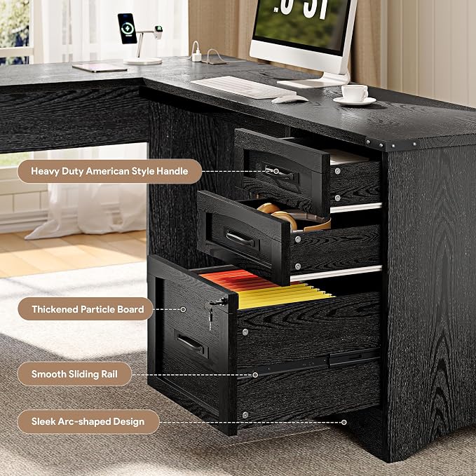 Decofy 67" Farmhouse L Shaped Standing Desk with Drawers Home Office Executive Desks with Fast Charging Station, Lockable File Cabinet, Wood Writing Computer Desk for Work, Study