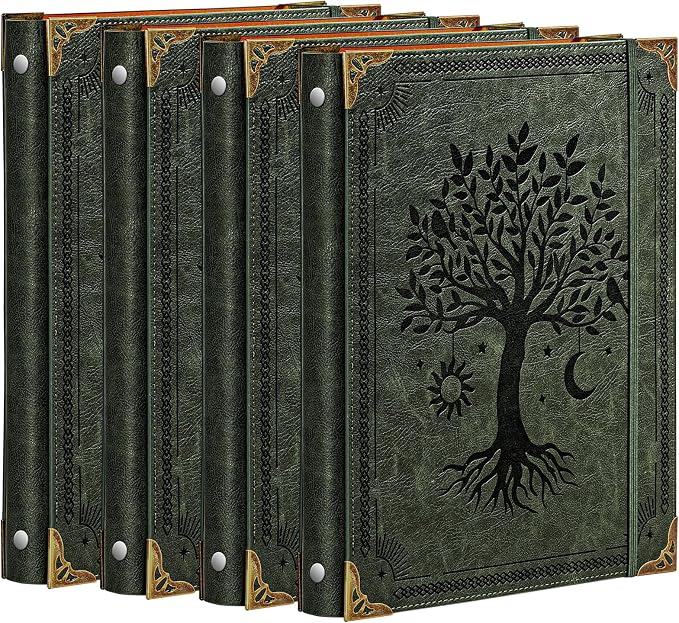 OVESMUSL 4 Pack PU Leather 3 Ring Binder, 1 Inch Green Tree | Fits 8.5x11 letter paper, holds 200 sheets, loose leaf organizer
