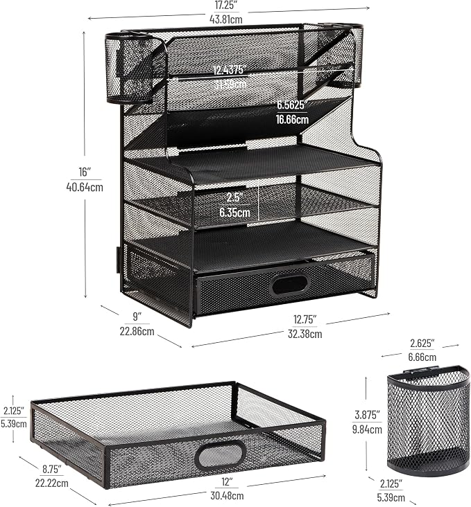Mind Reader Mesh Desk Organizer, 6 Compartments, 1 Drawer, 2 Pen Cups, Office Desktop Organizer, Metal Mesh, Black