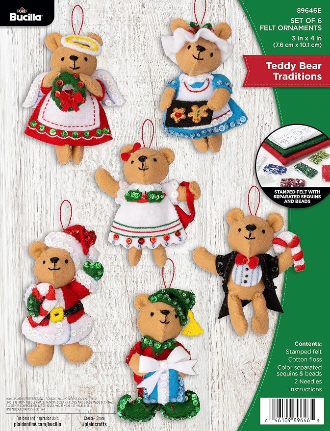 Bucilla Felt Applique 6 Piece Ornament Making Kit, Teddy Bear Traditions, Perfect for DIY Arts and Crafts, 89646E
