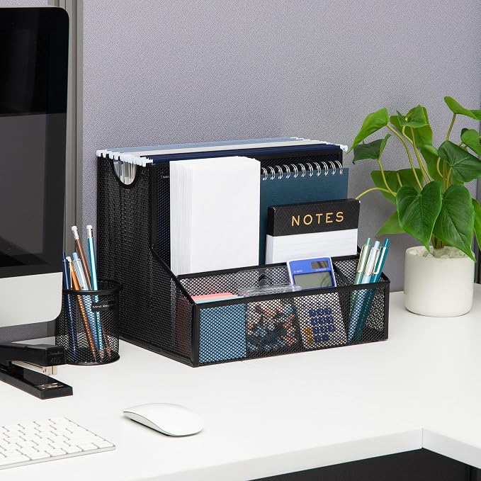 Mind Reader Desktop Organizer with Hanging File Storage, 4 Compartment Letter Size File Holder, Metal Mesh Desk Organizer for Office and Home, Black