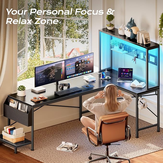 L Shaped Gaming Desk with LED Lights & Power Outlets | Reversible Computer Desk with Storage Shelves & Bag, Large Corner Home Office Desk for Work from Home, Carbon Fiber Black