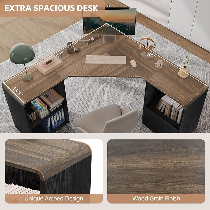 59'' Reversible L-Shaped Computer Desk, Black | Corner Desk w/ Fluted Storage, Sliding Doors, Drawers & 4AC+USB-C. Reversible Fits Any Room Layout For Home Office