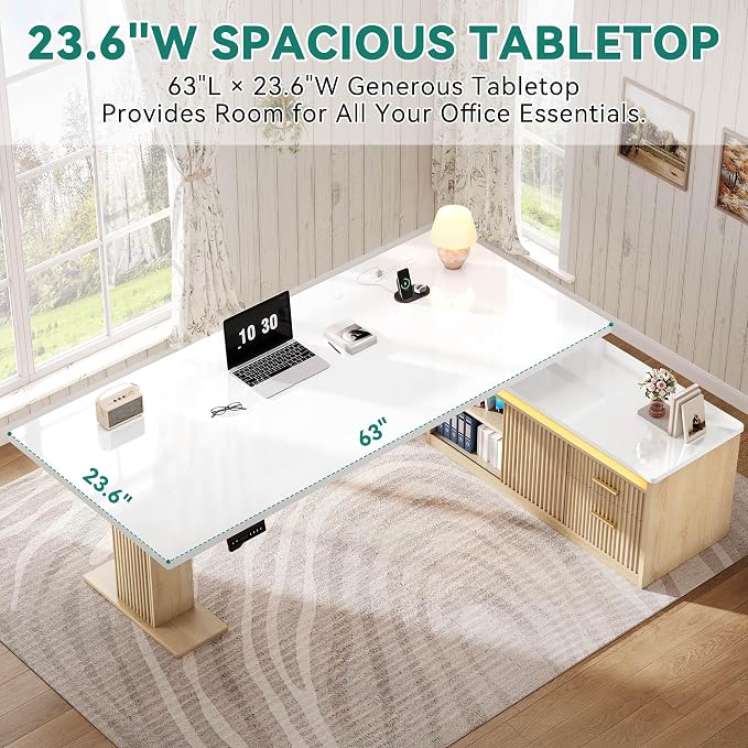 YITAHOME L Shaped Standing Desk with Power Outlets & LED Lights, 63" Electric Standing Desk Adjustable Height Sit Stand Corner Standing Desks with Drawers & Sliding Door, High-Gloss White+Natural Oak