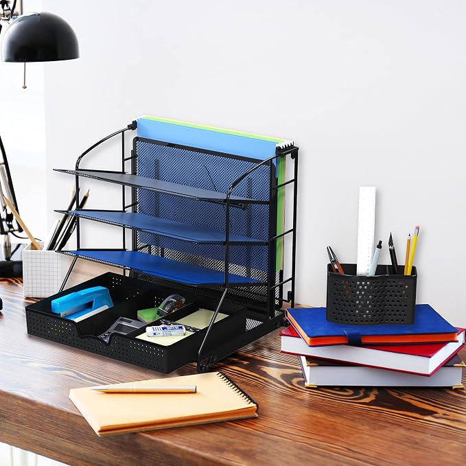 Simple Houseware Desktop Document Tray Organizer with Sliding Drawer, Black | Includes Pen Bucket & Hanging File Section
