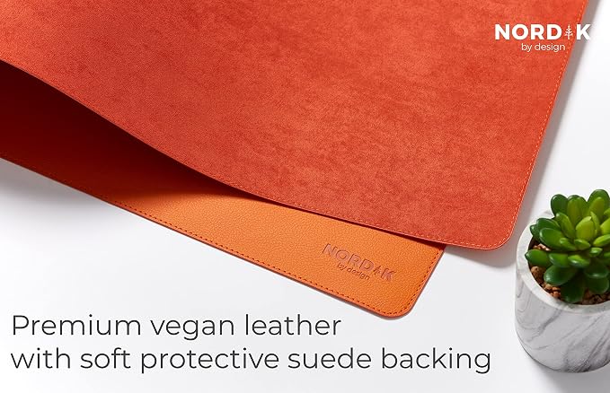 Nordik Leather Desk Mat -Tangerine Orange- Large Leather Desk Pad (35x17in) | Premium Vegan Leather Desk Pad with Cable Organizer, Giftable, Extended Waterproof Mouse Mat, Non-Slip Desk Pad Protector