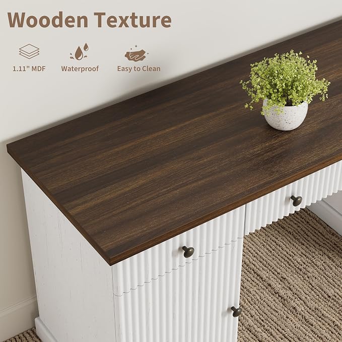 IDEALHOUSE 60 Inch Modern Executive Desk with Charging Station, USB-C/A Ports & 6.56ft Cord - Walnut & White Fluted Wood Office Desk with File Drawers, Sturdy Computer Desk for Home Office