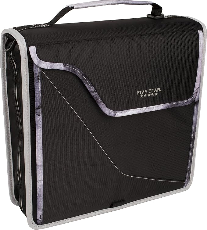 Five Star Zipper Binder, 3 Inch 3-Ring Binder with D Rings, Removable Padded Case, 5-Tab Expanding File and Multi-Use Strap, 850 Sheet Capacity, Black/Gray (29296IT8)