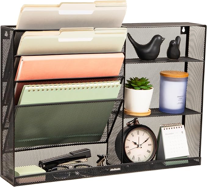 Mind Reader 4-Tier Vertical File Storage and Shelves, Desktop Organizer, Wall Mount, Office, Metal Mesh, 22.5"L x 4"W x 16"H, Black