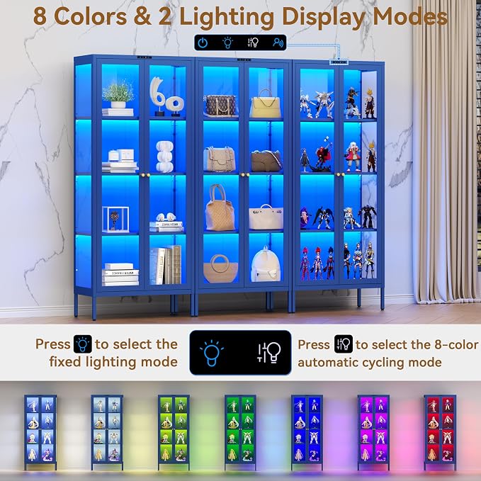 Polup 66" Blue Glass Display Cabinet with 8-Color LED for Collectibles | Metal Frame & Tempered Glass Doors, 3 Adjustable Shelves, Motion Sensor LED,4-Tier Space, for Indoor Plants & Figures