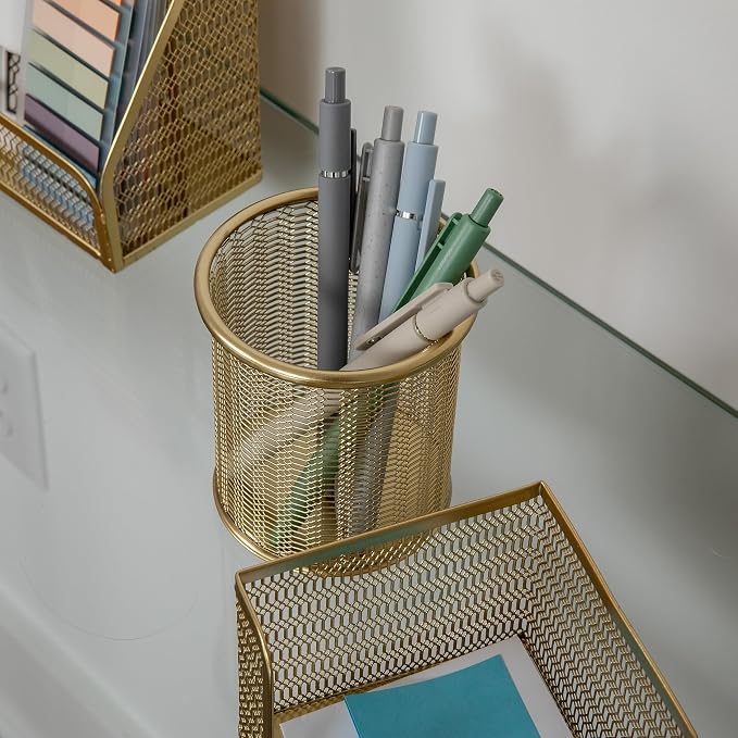 Martha Stewart Ryder 6-Piece Mesh Metal Desktop Organizer Set, Gold | Steel Mesh, Gold Finish