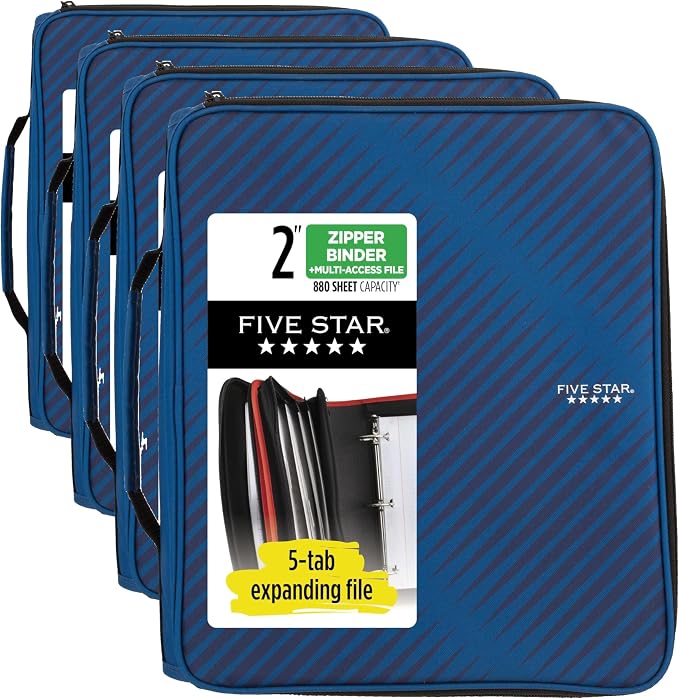 Five Star Zipper Binder,2 Inch 3-Ring Binder with Round Rings,5-Tab Expanding File,380 Sheet Capacity,Cobalt Blue (72534),(Pack of 4)